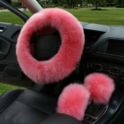 3Pcs Steering Wheel Cover Set Plush Warm Fluffy Car Accessories Pink